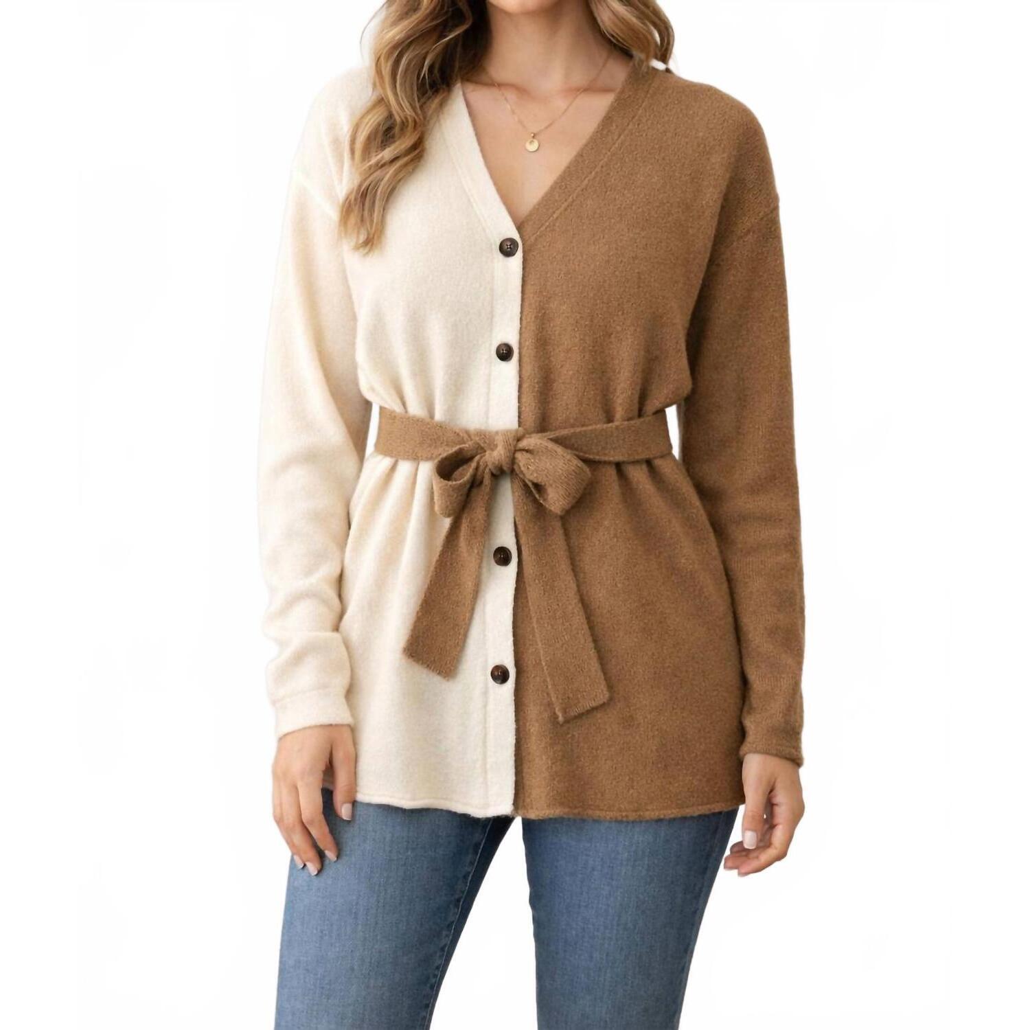 New Promesa Colorblock Belted Cardigan In Beige